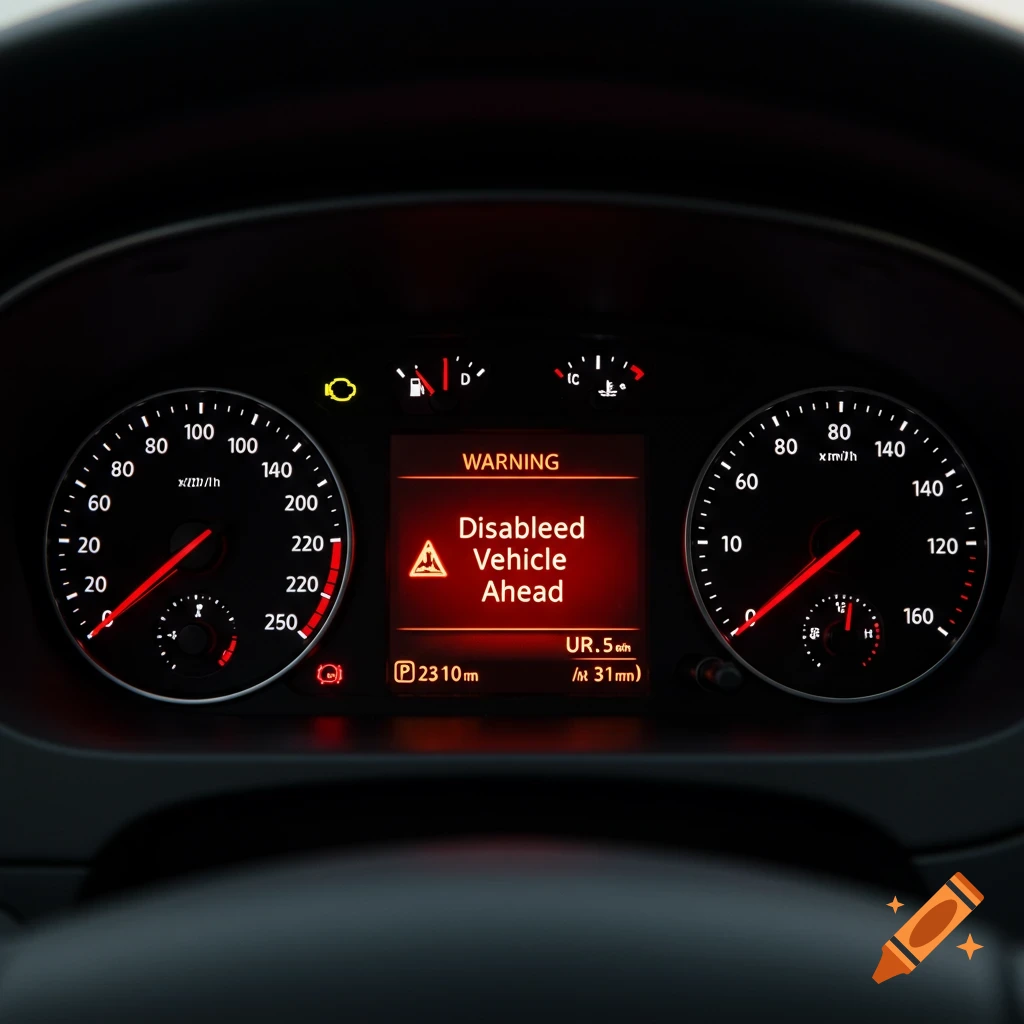 A close-up of a car dashboard screen displaying a warning message that reads 'WARNING Disabled Vehicle Ahead'.
