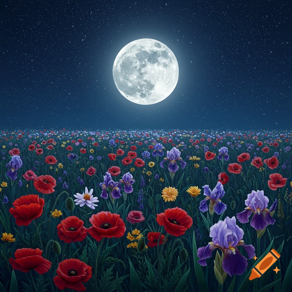 A field of colorful flowers under a full moon and starry night sky.