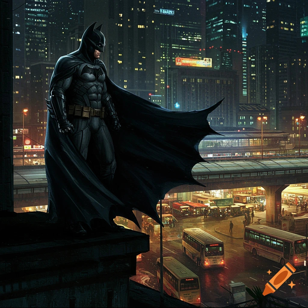 Batman stands on a rooftop, overlooking a busy city street and bus terminal at night.