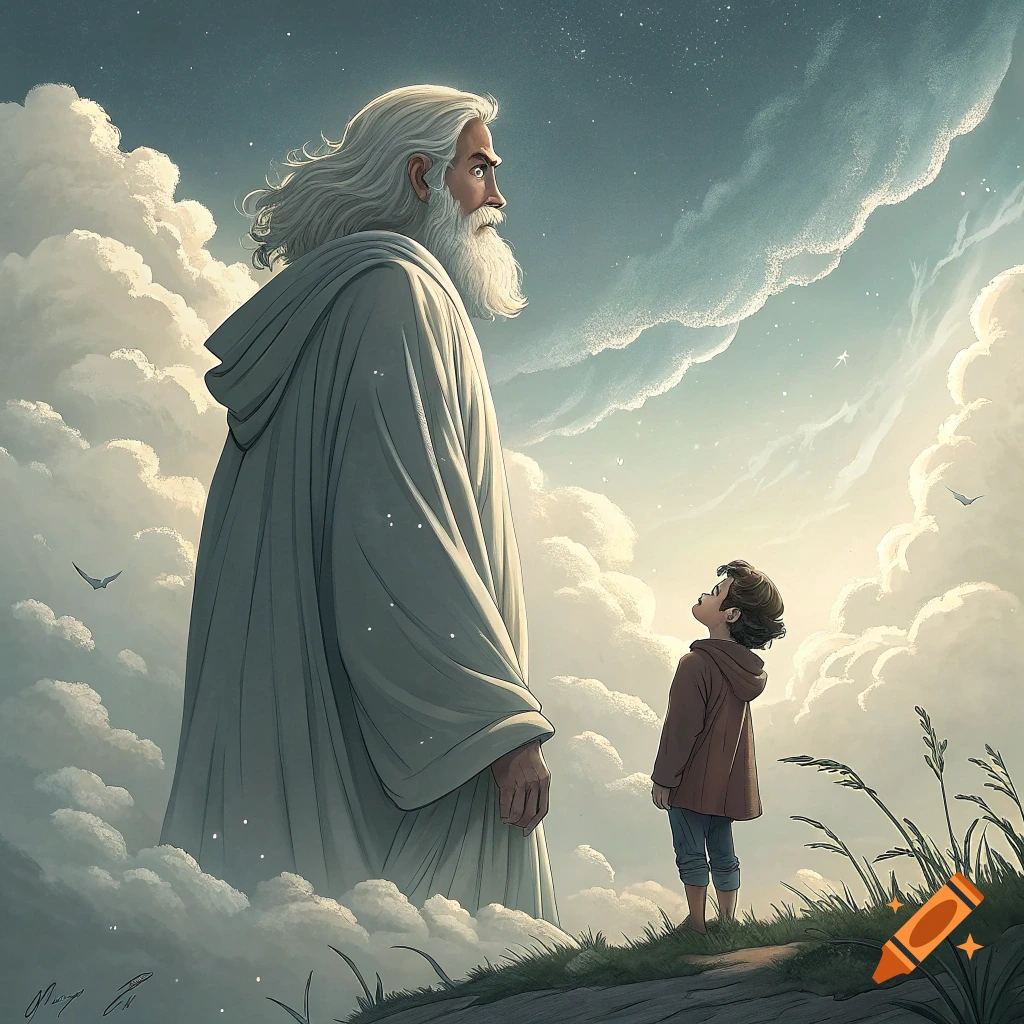 Giant figure in clouds looks down at a child on a hill, Ghibli style.