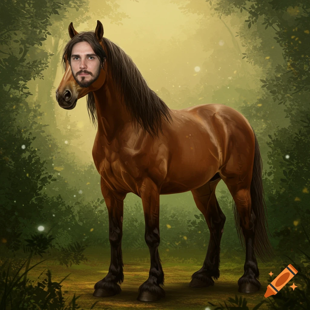 A brown horse with a human face stands in a forest clearing.