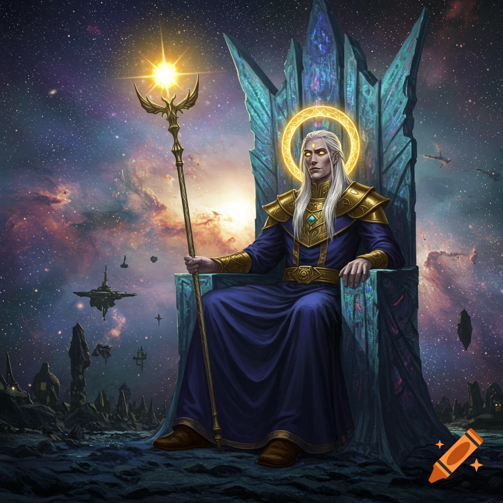 A robed figure on a throne in a space setting