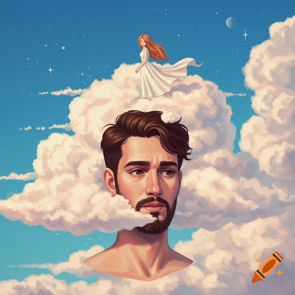 A man's head is in a cloud with a woman standing on a cloud above him in a starry sky.