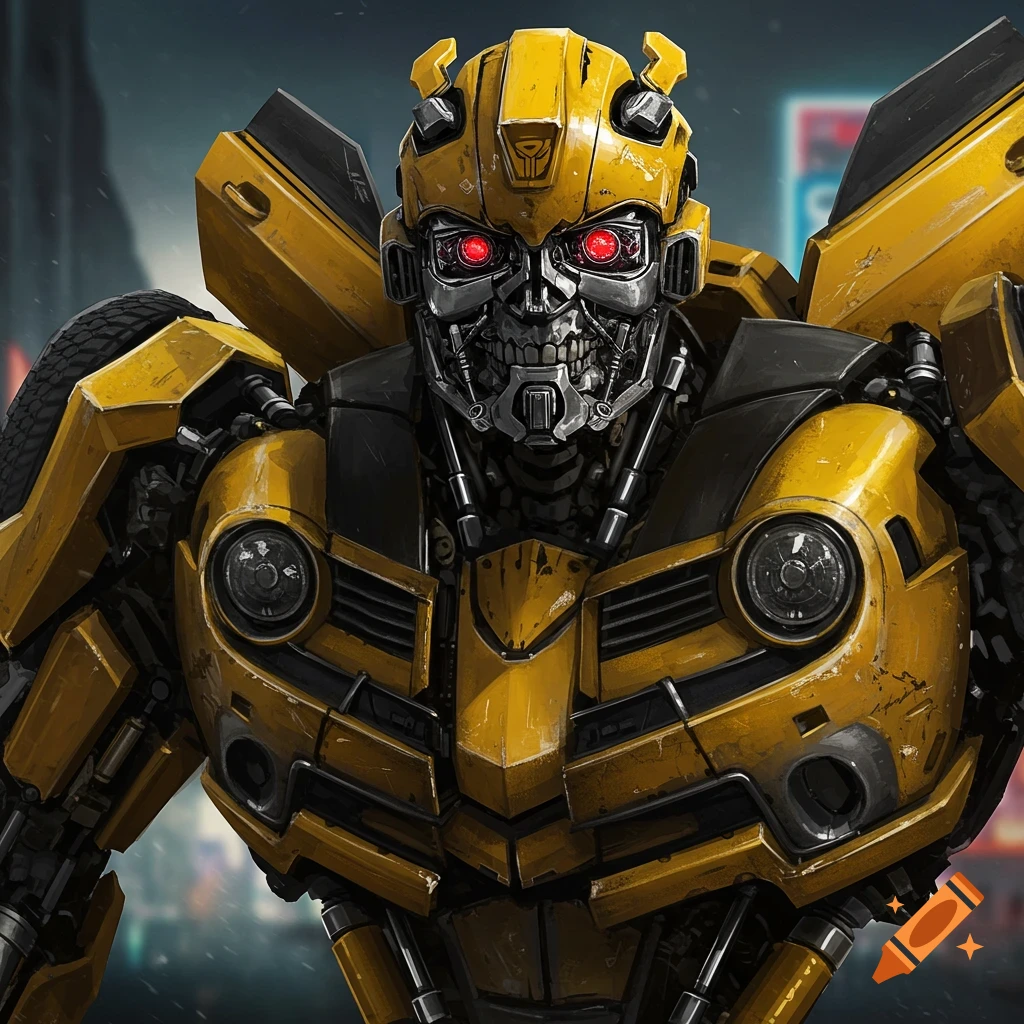 A yellow robot resembling Bumblebee with a skeletal faceplate
