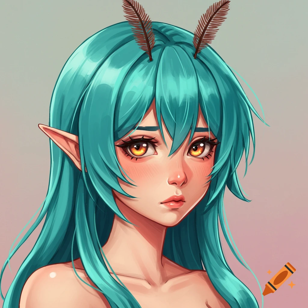 Anime portrait of a character with teal hair, orange eyes, elf ears, and moth antennae.