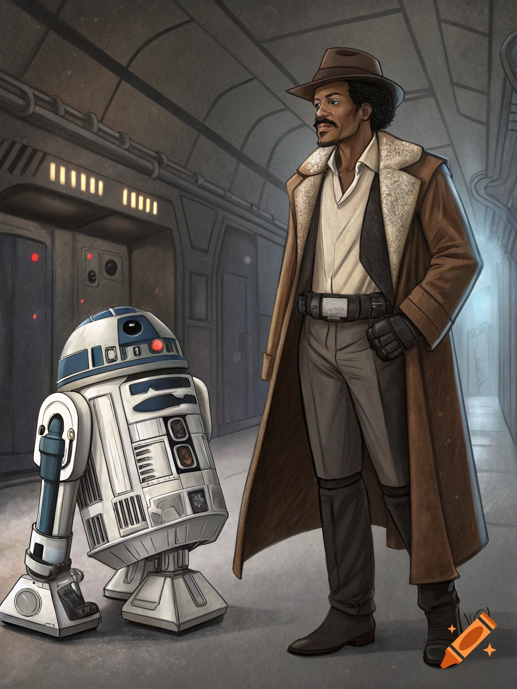 Illustration of Lando Calrissian and R2-D2 standing in a spaceship hallway.