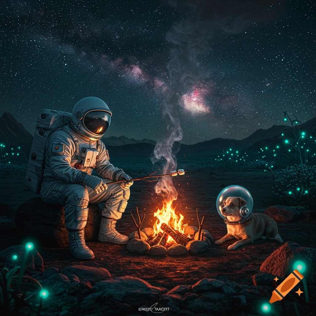 An astronaut and a dog in space helmets sit by a campfire roasting marshmallows under a starry sky.