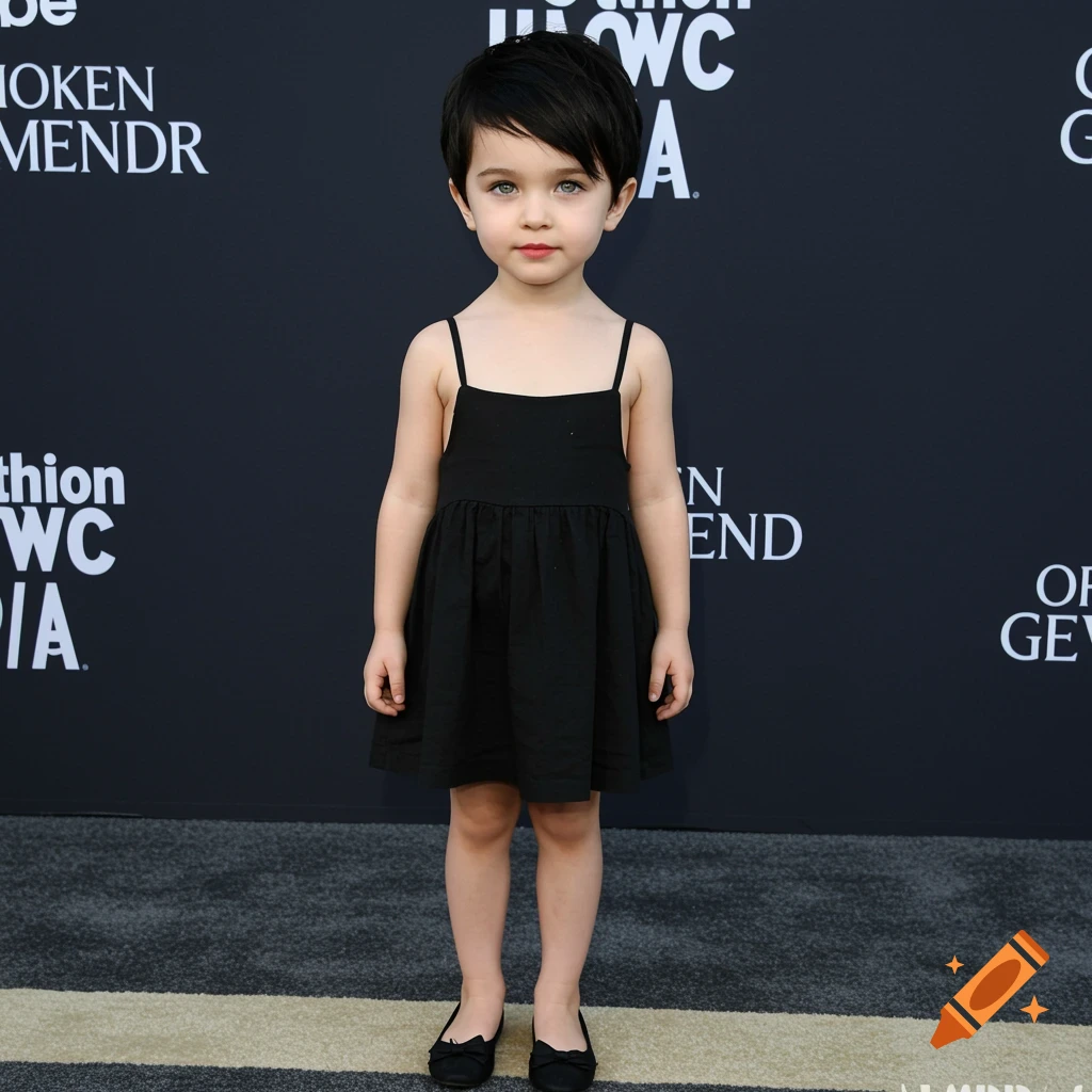 A young child with short black hair and blue eyes wears a black dress and black flats.