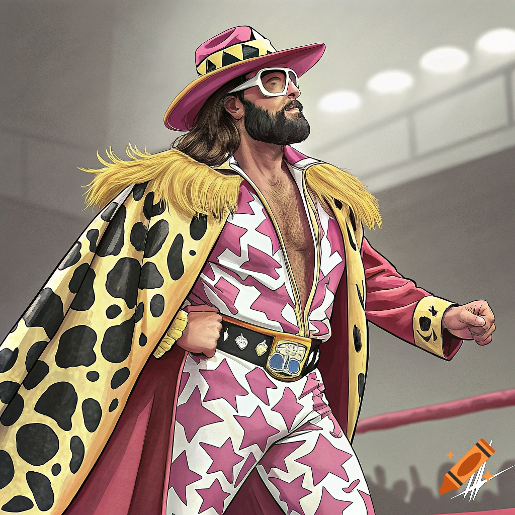 Illustration of wrestler Macho Man Randy Savage in a star outfit and spotted cape in a wrestling ring.