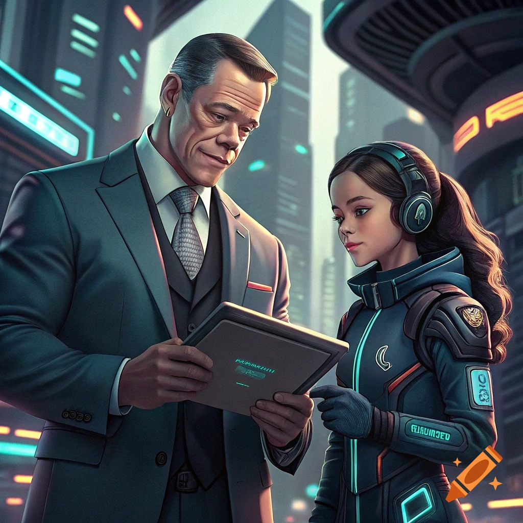 Two people in futuristic clothing look at a tablet in a sci-fi city.