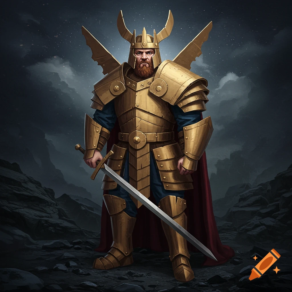 A warrior in golden armor with wings and a horned helmet stands with a sword in a rocky landscape under a starry sky.