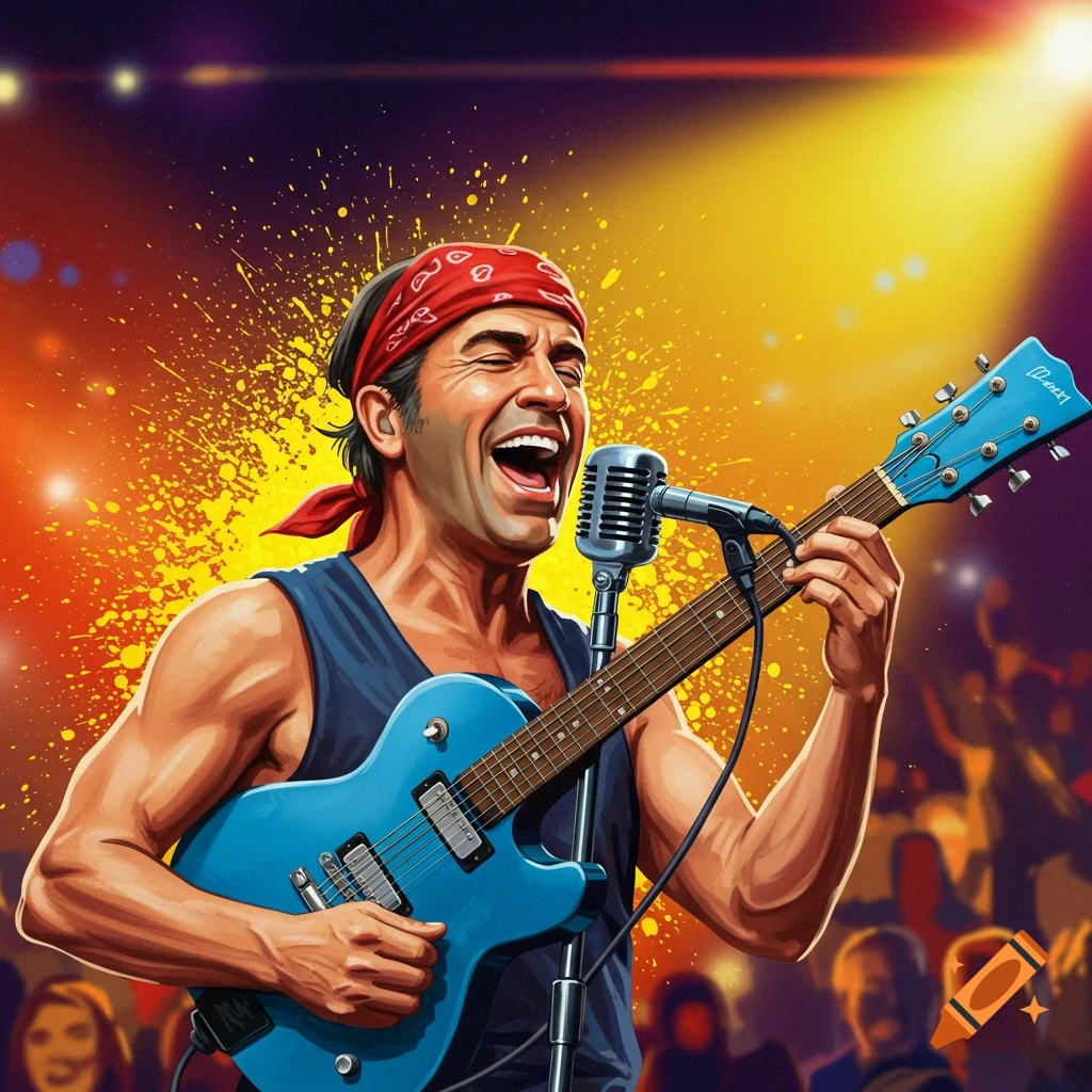 A man singing and playing a blue electric guitar on stage.
