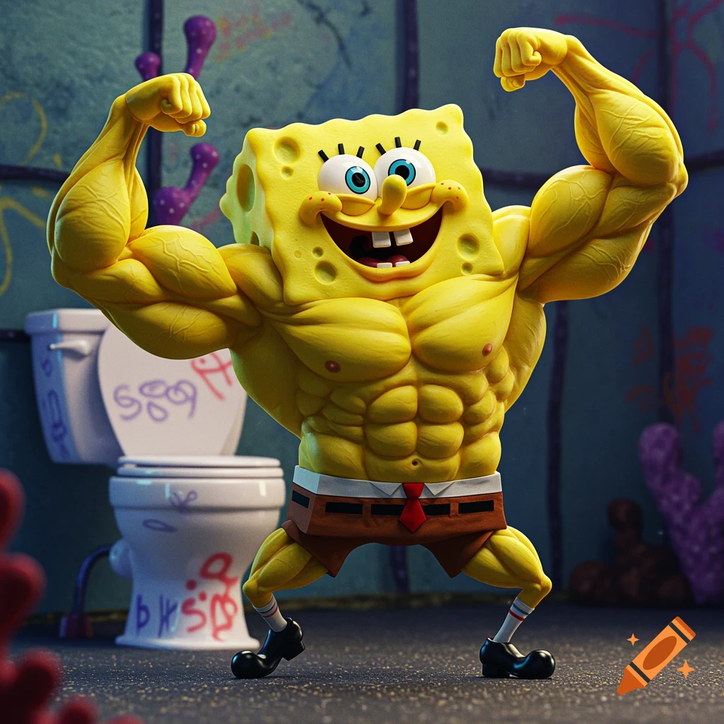 Muscular SpongeBob SquarePants flexes in a bathroom.