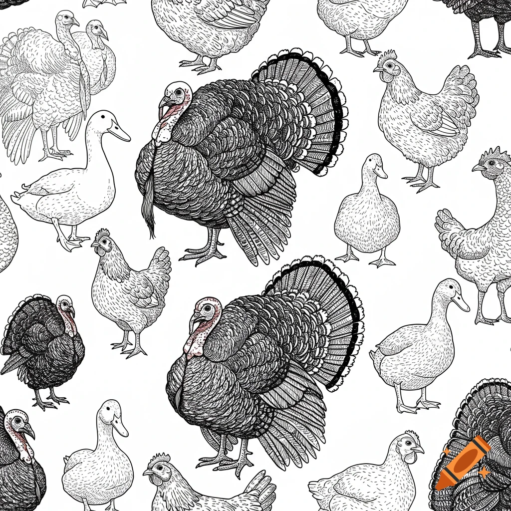 Black outline drawing seamless pattern of turkeys, chickens, and ducks.