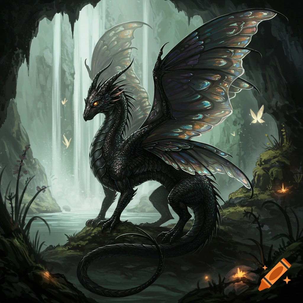 A metallic black faerie dragon perched on a rock in a cave with a waterfall.