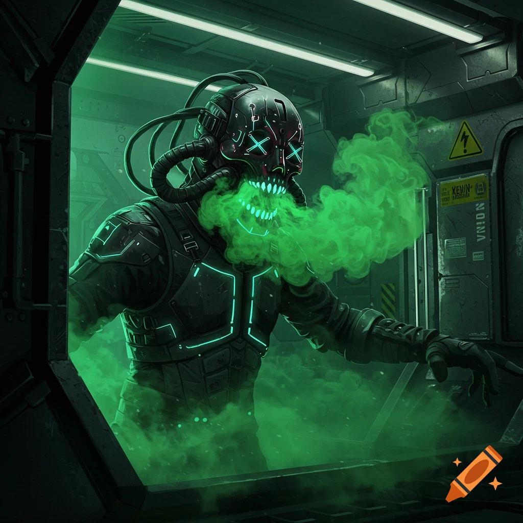 Figure in a futuristic suit and mask exhaling green smoke in a sci-fi chamber.