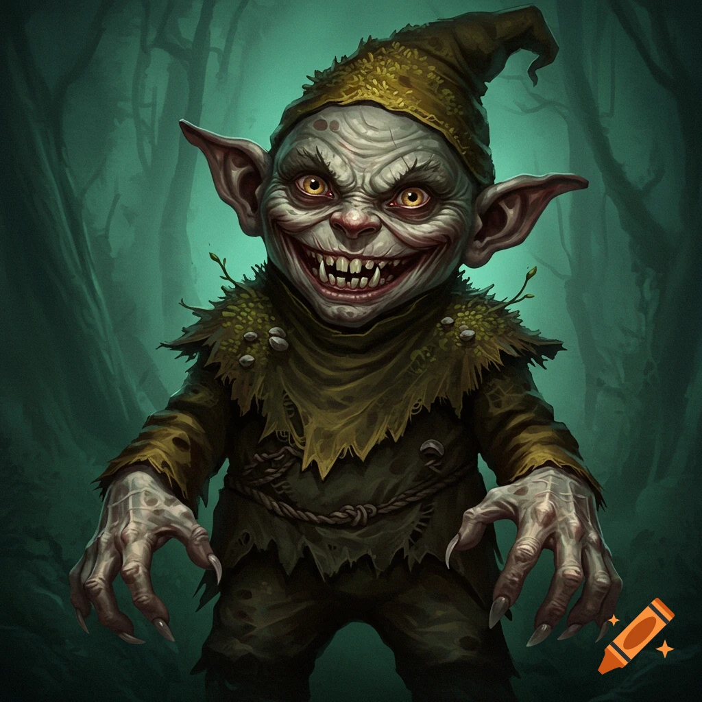 A creepy gnome or goblin creature with sharp teeth and claws is in a dark forest.
