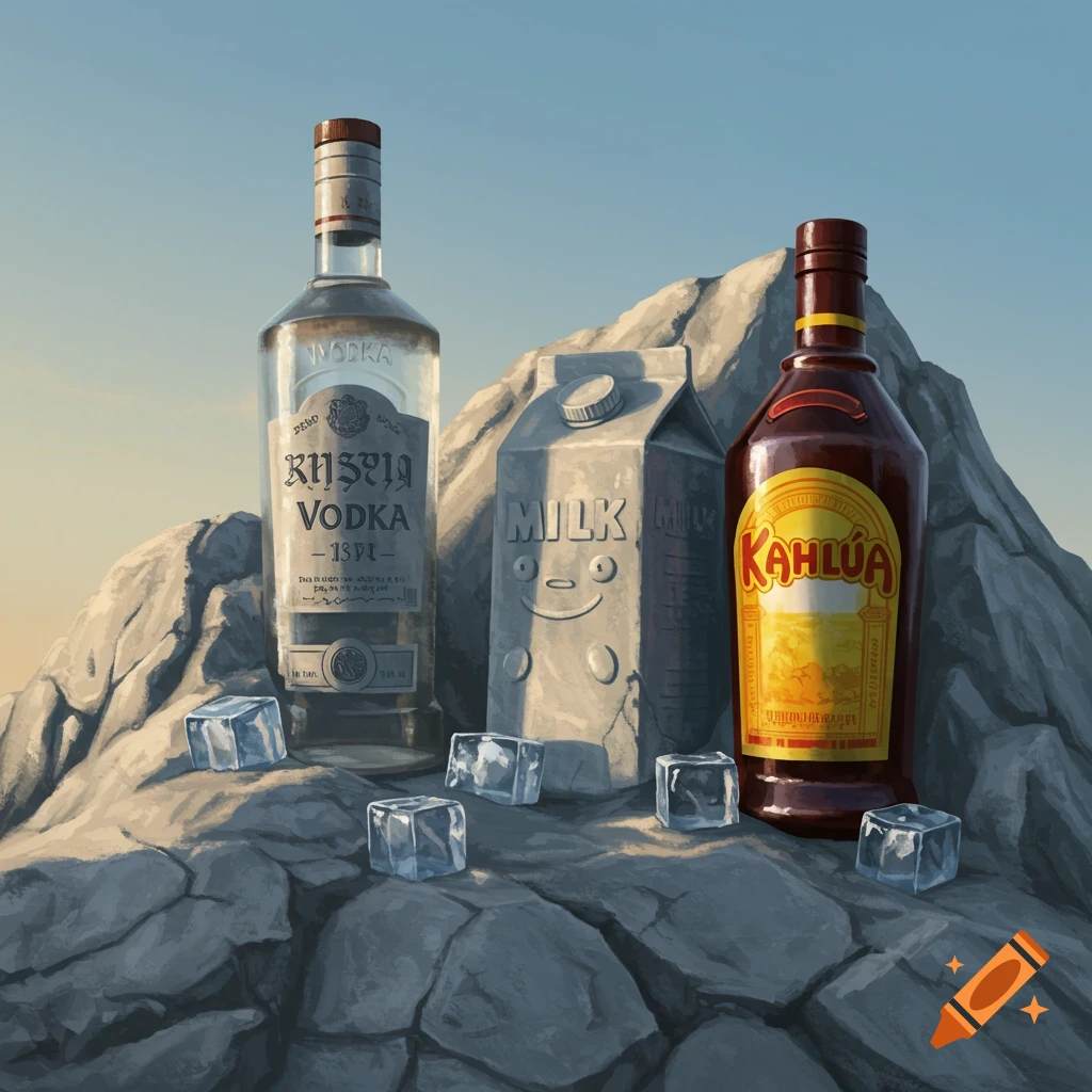 A still life featuring stone vodka and kahlua bottles, a stone milk carton with a face, and stone ice cubes arranged on a mountainous surface.