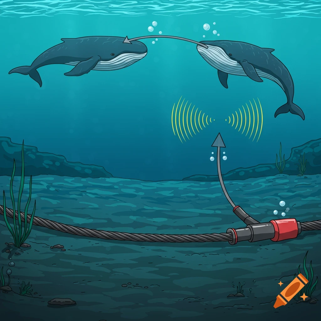 Cartoon illustration of whales near an underwater cable with sound waves.