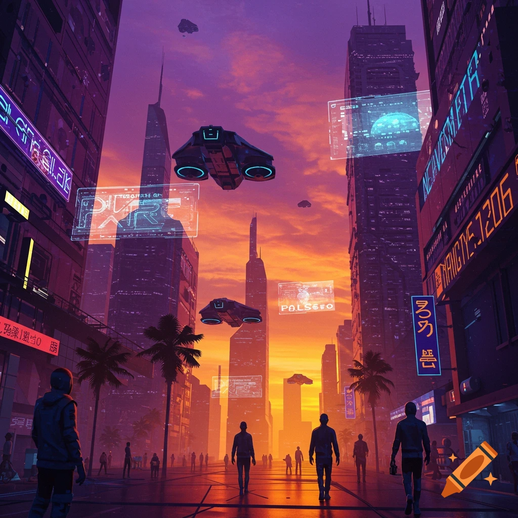 a futuristic city street at sunset with flying vehicles, skyscrapers, palm trees, and people walking.