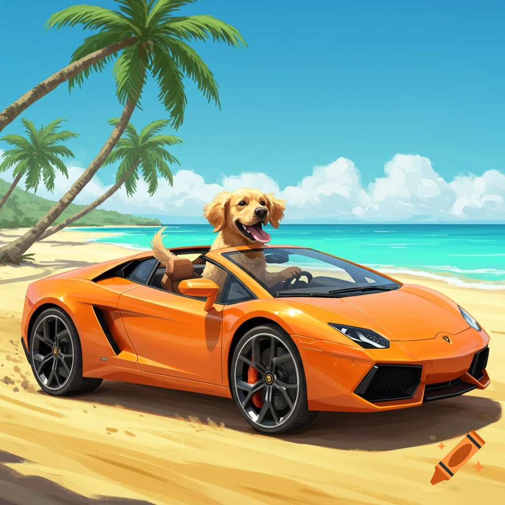 A happy golden retriever drives an orange Lamborghini on a beach.