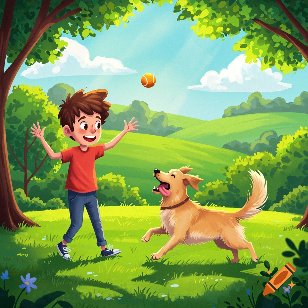 Cartoon of a boy playing fetch with a golden retriever in a park.