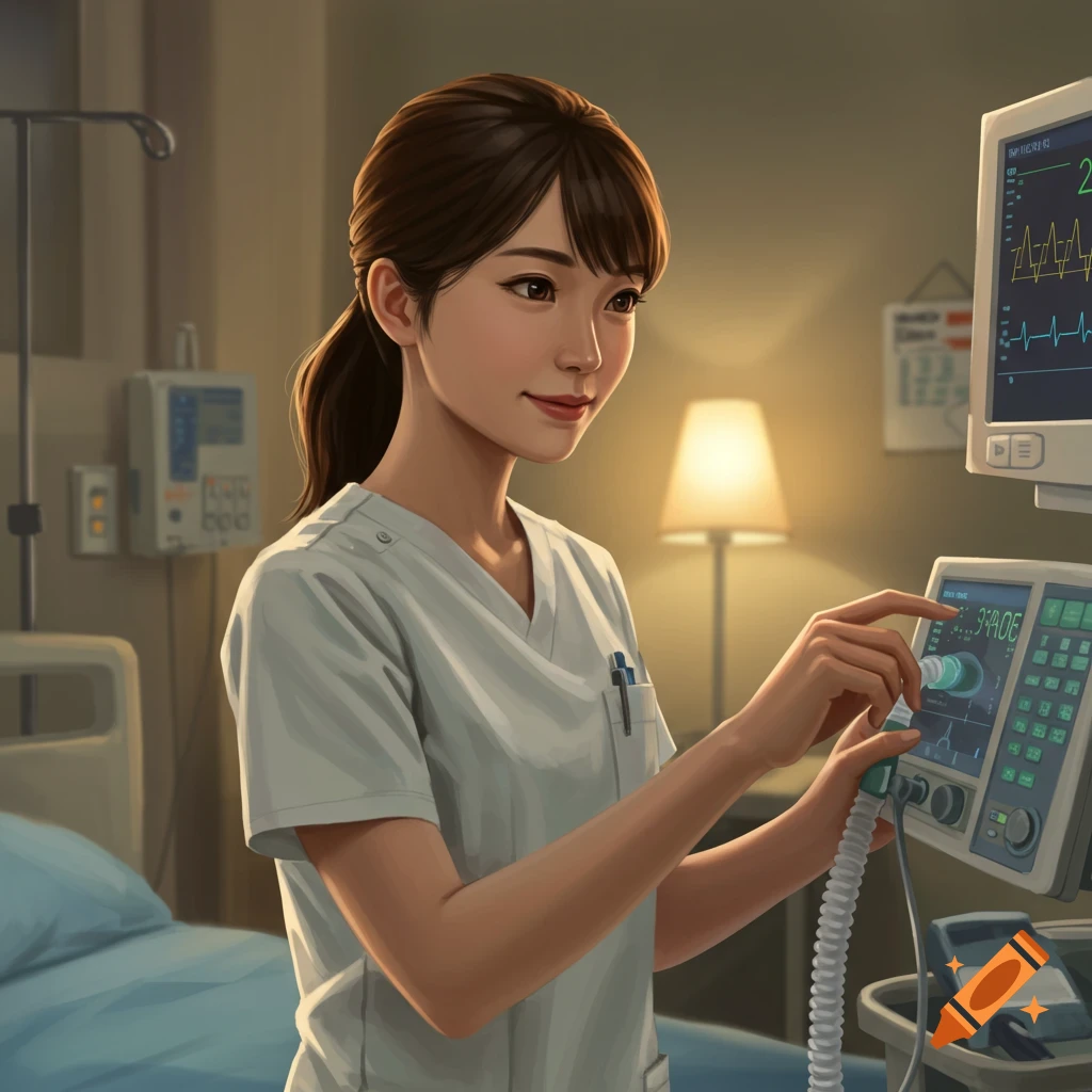 A respiratory therapist or nurse is adjusting medical equipment in a hospital room.