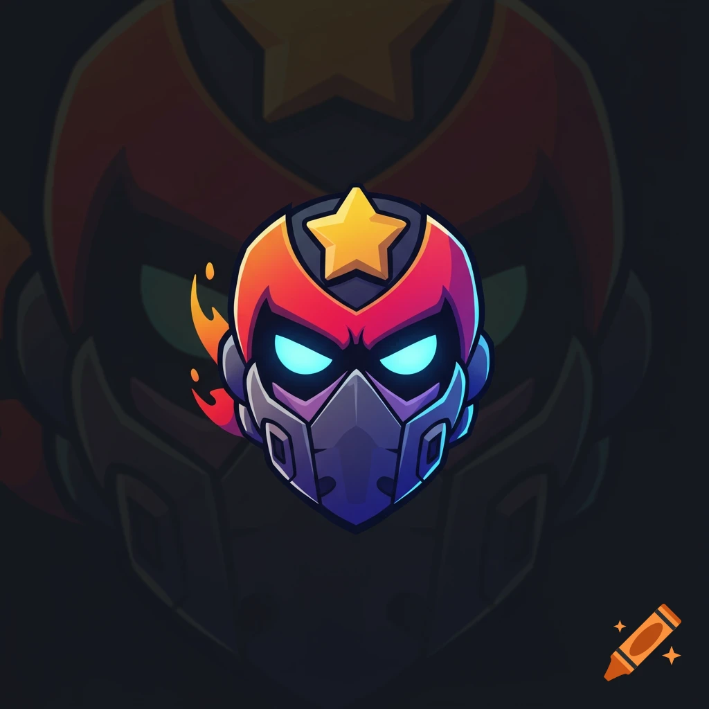 Stylized esports logo of a masked character head with glowing blue eyes, star, and flames.