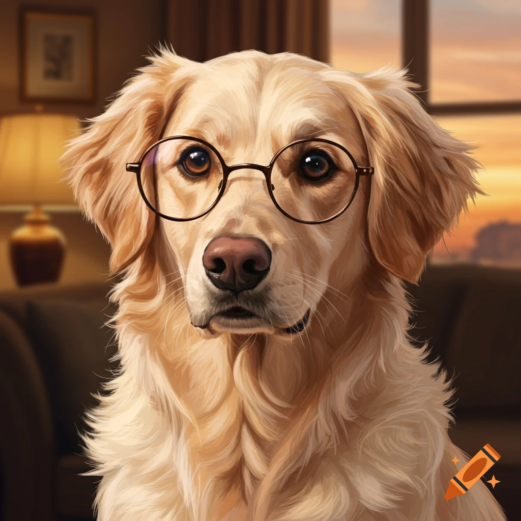 A portrait of a golden retriever dog wearing round glasses.
