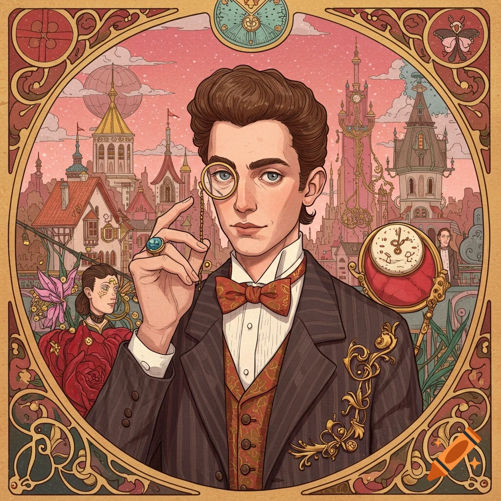 Stylized portrait of a man with a monocle in front of a steampunk city, with an ornate art nouveau frame.