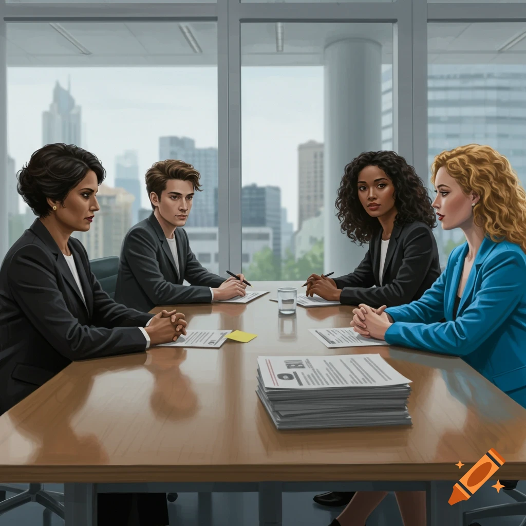 A group of four people are gathered around a table in a conference room, with papers scattered on the surface.