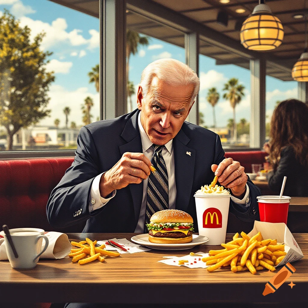Joe Biden eats a burger and fries at a McDonald's restaurant.