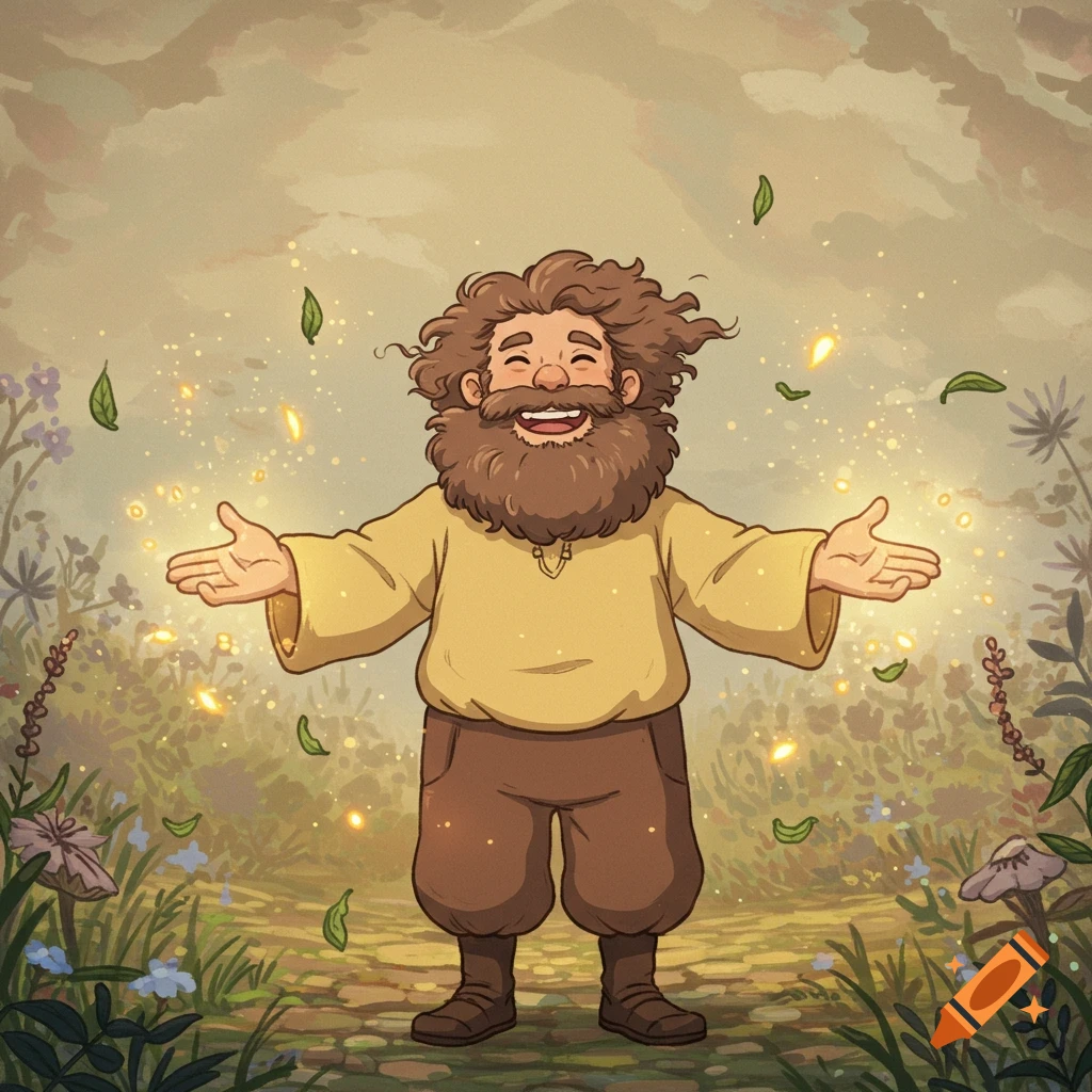 A bearded man with outstretched arms stands in a field with falling leaves and lights, in a Studio Ghibli-style illustration.