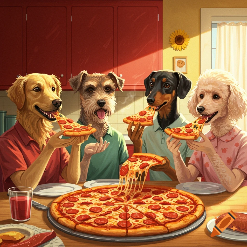 Four different dog breeds eating pizza together at a table in a kitchen.