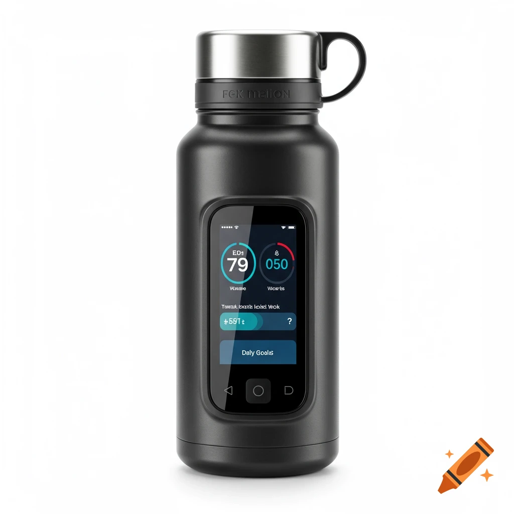 A black metal water bottle with a digital display showing hydration information on a white background.