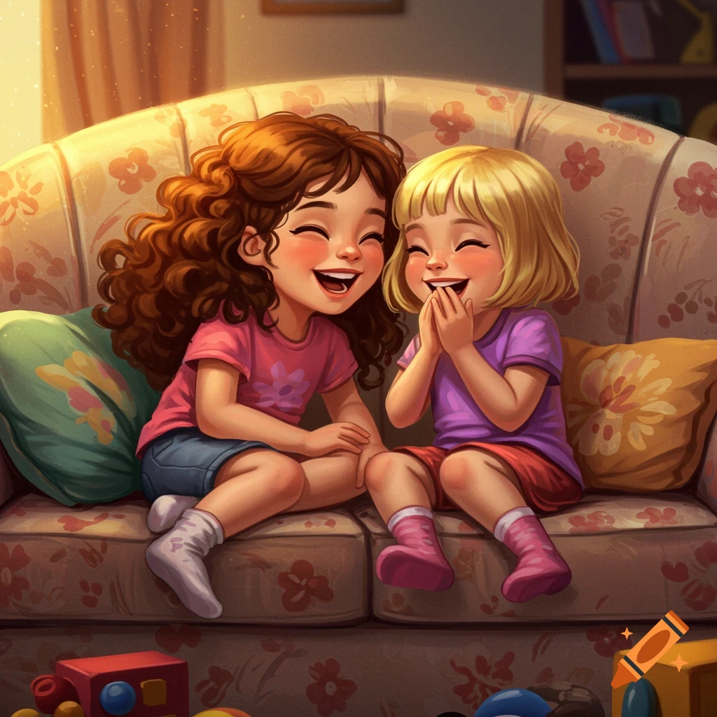 Two young sisters giggling on a floral couch