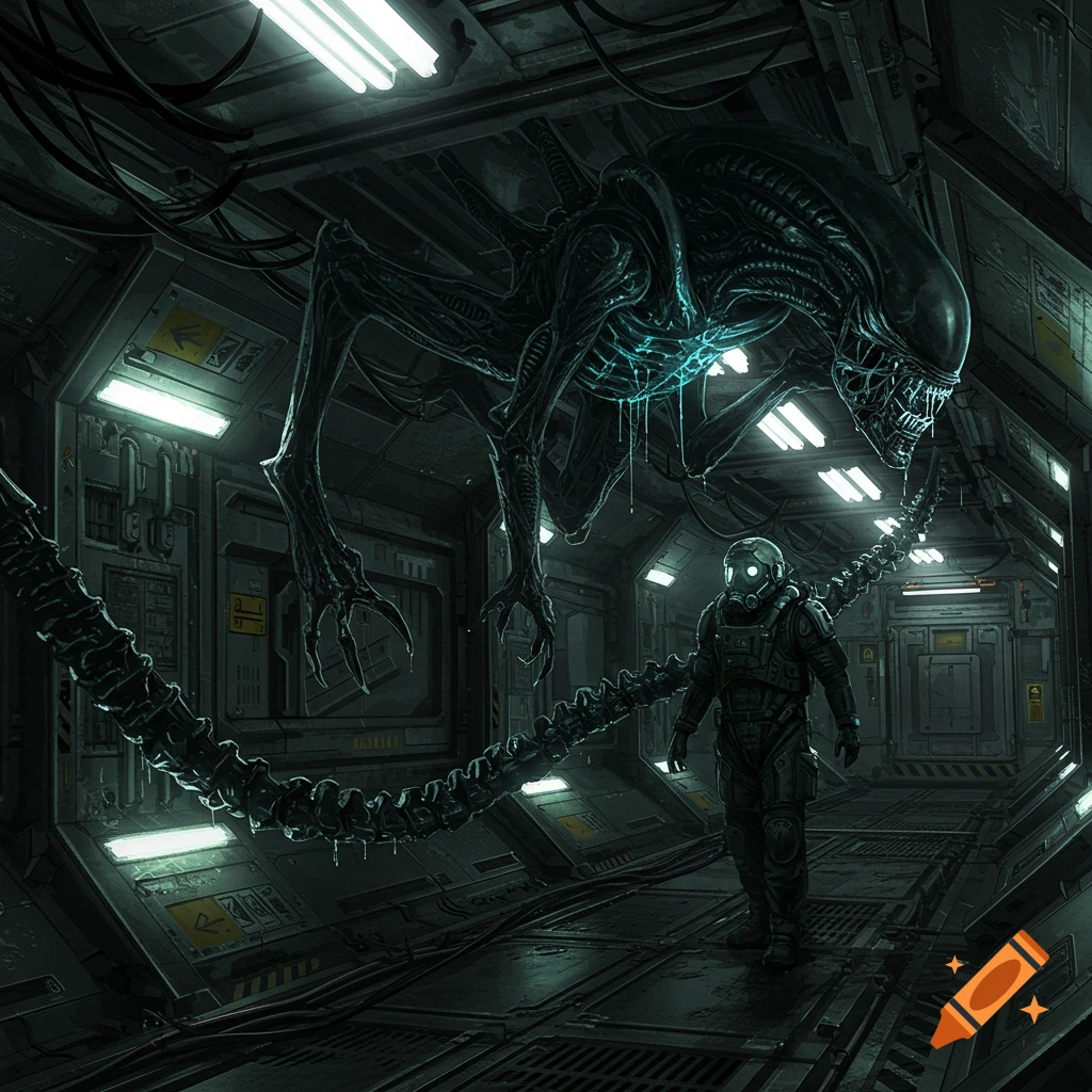 A xenomorph is on the ceiling, following a space soldier in a dark spaceship corridor.