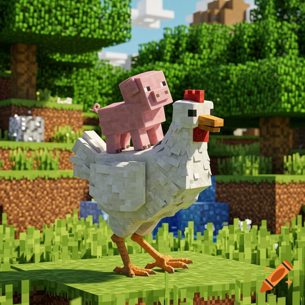 A blocky pink pig rides on the back of a white blocky chicken in a detailed Minecraft landscape.