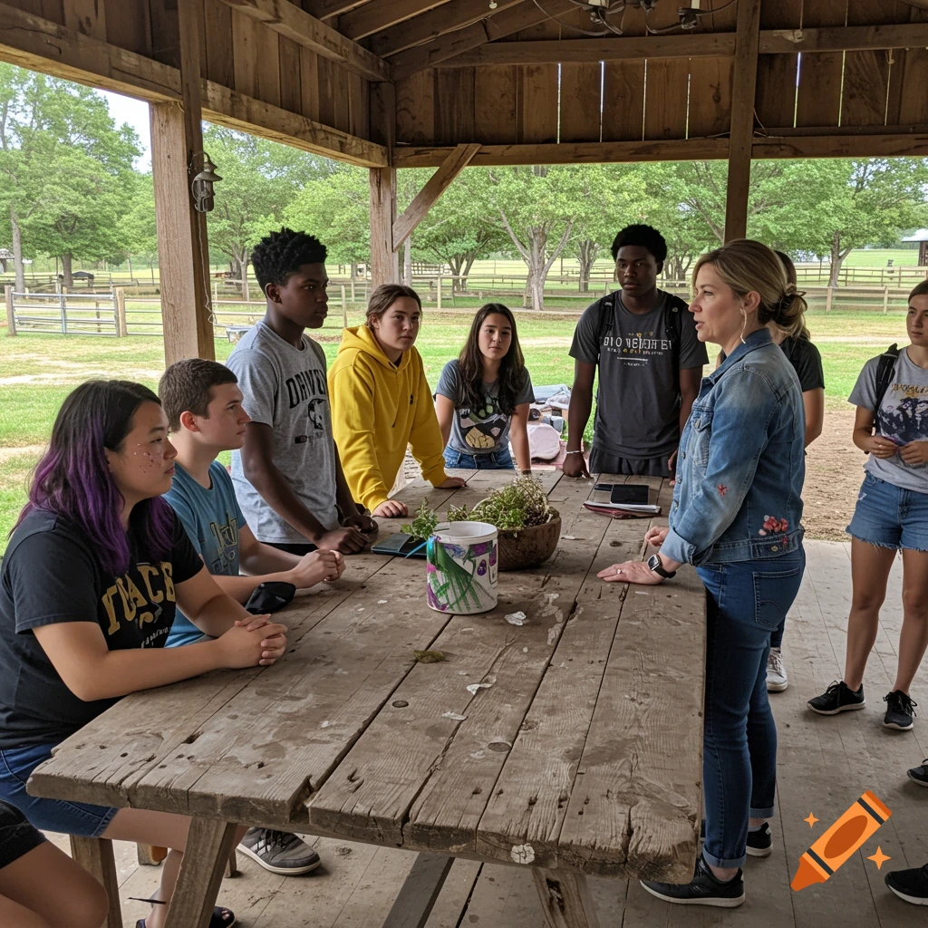 Teacher speaks to a diverse group of students gathered around a wooden table outdoors.
