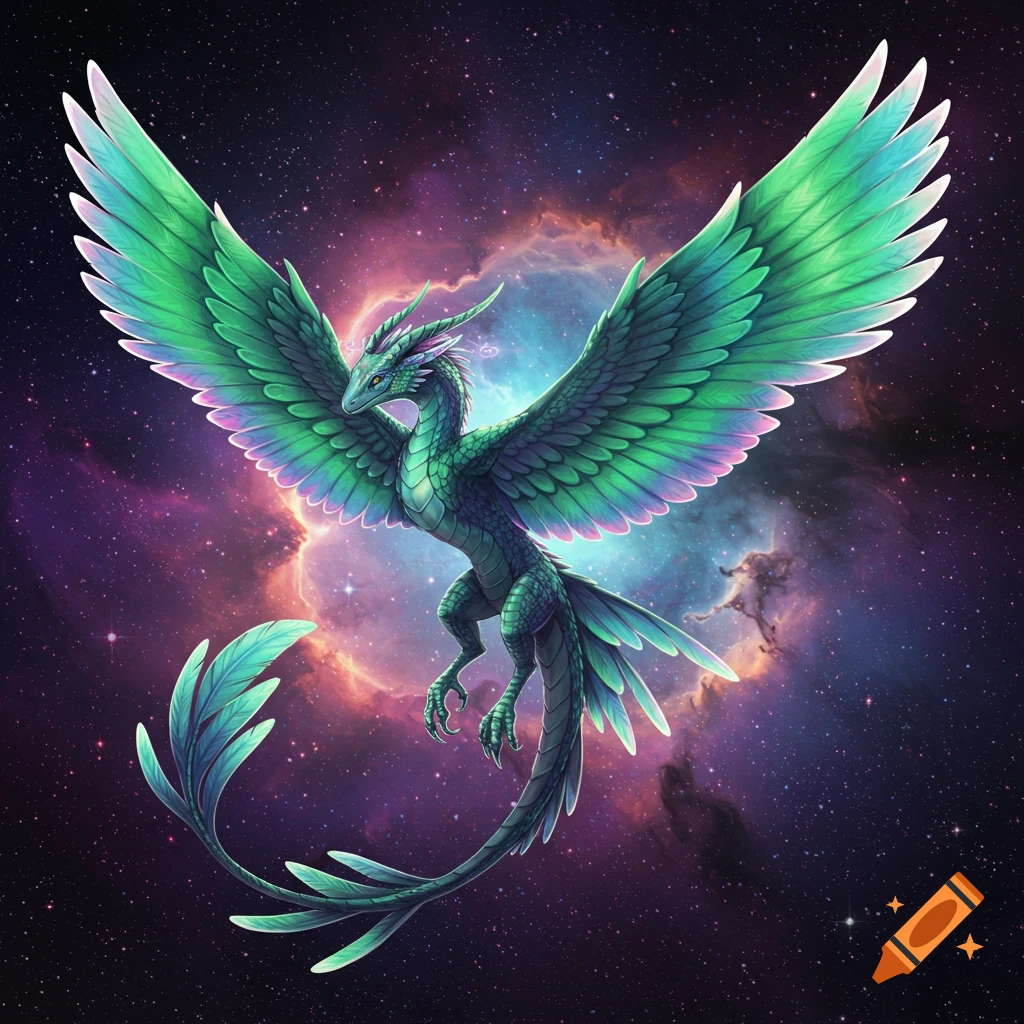 A winged green dragon flying through space in front of a colorful nebula.