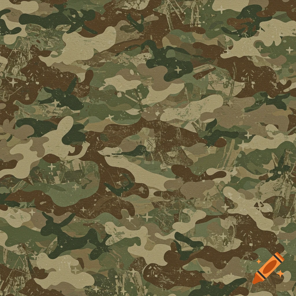 Seamless camouflage pattern in green, brown, and beige with small white crosses.