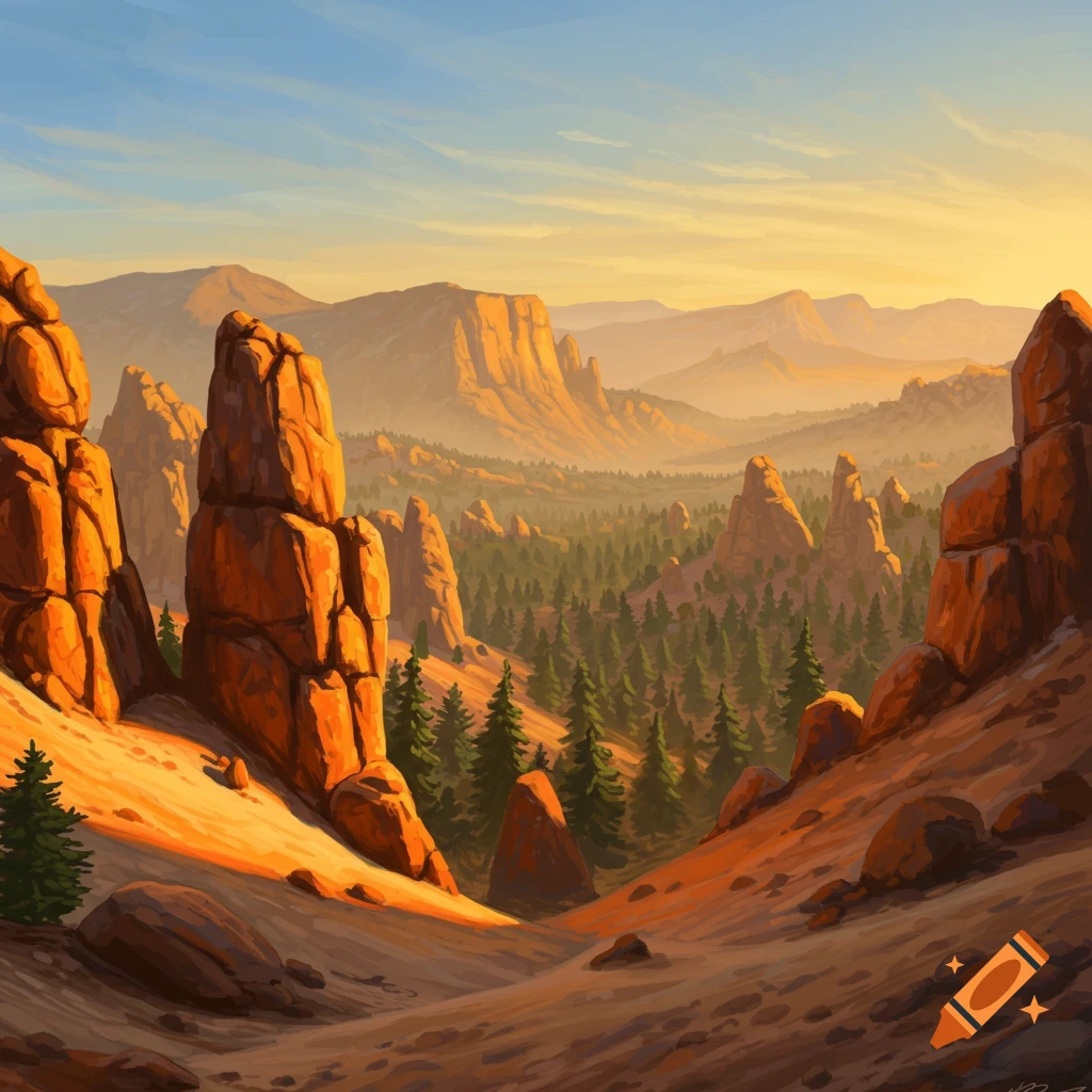 A rocky desert landscape at sunset with a valley of trees and hazy mountains in the distance.