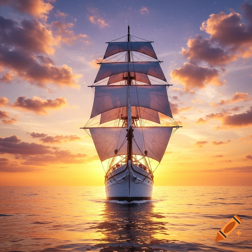Large white sailing ship on a glowing ocean at sunset, fantasy style.