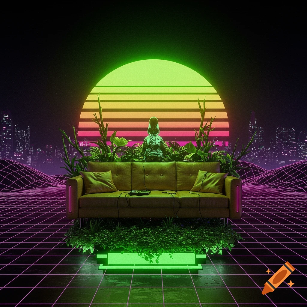 Retro-futuristic scene with a couch, plants, and a figure on a grid surface with a city skyline and gradient sun.