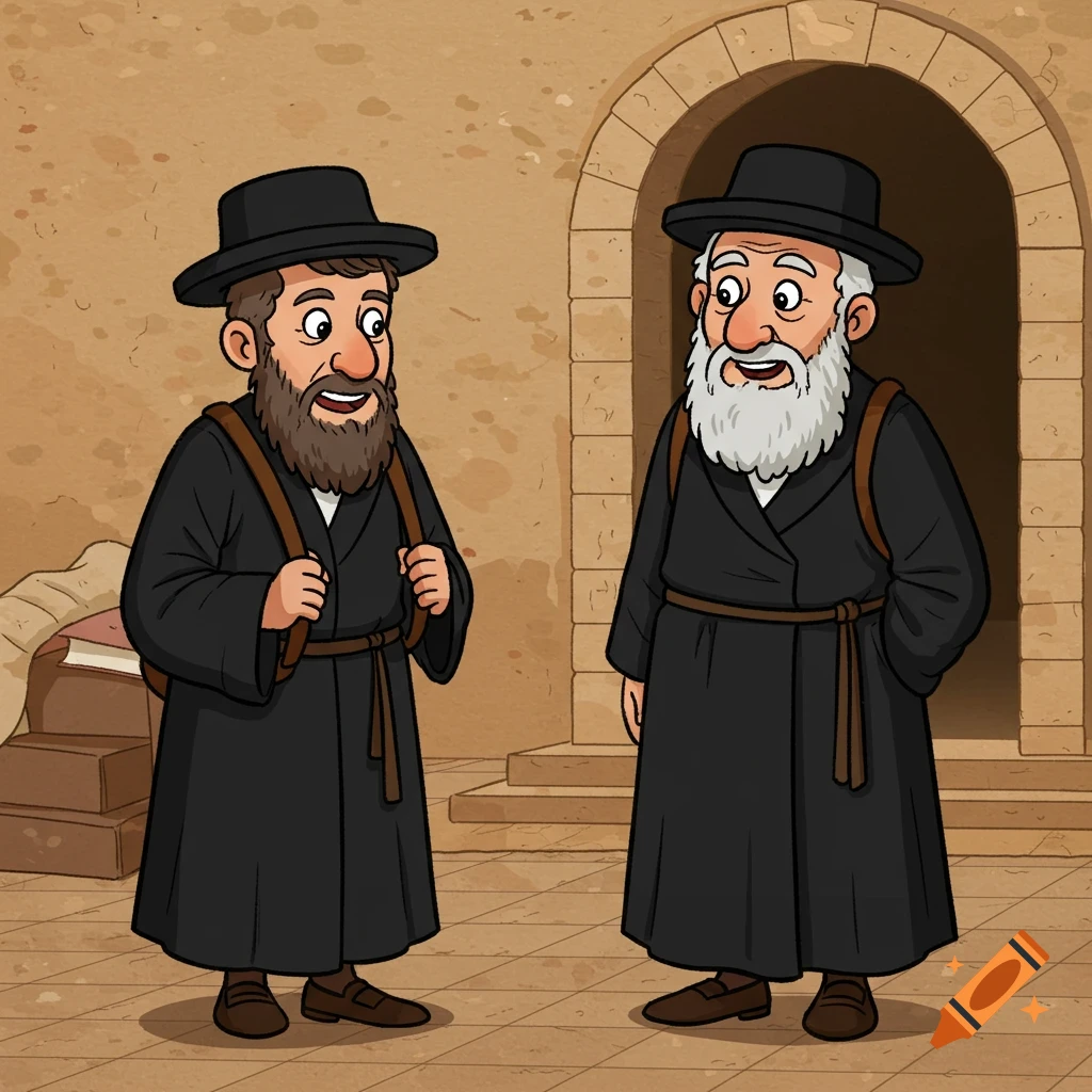 Two cartoon men in traditional black robes and hats stand near an archway, one younger with a dark beard, one older with a white beard, both with backpacks.