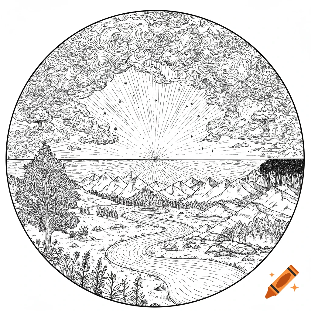 Circular black and white line art drawing of a landscape with a river, mountains, trees, and sun rays breaking through clouds.