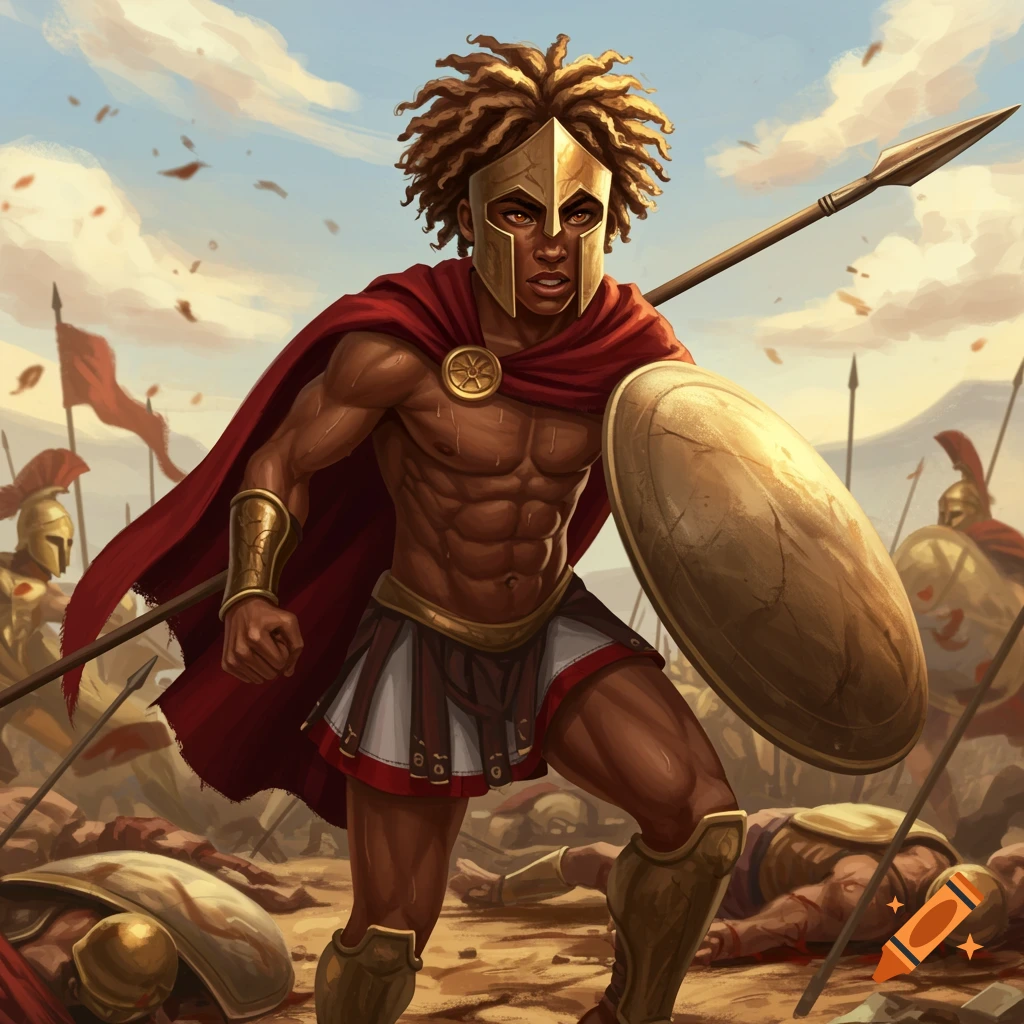 A Spartan warrior with a shield and spear standing in a battle.
