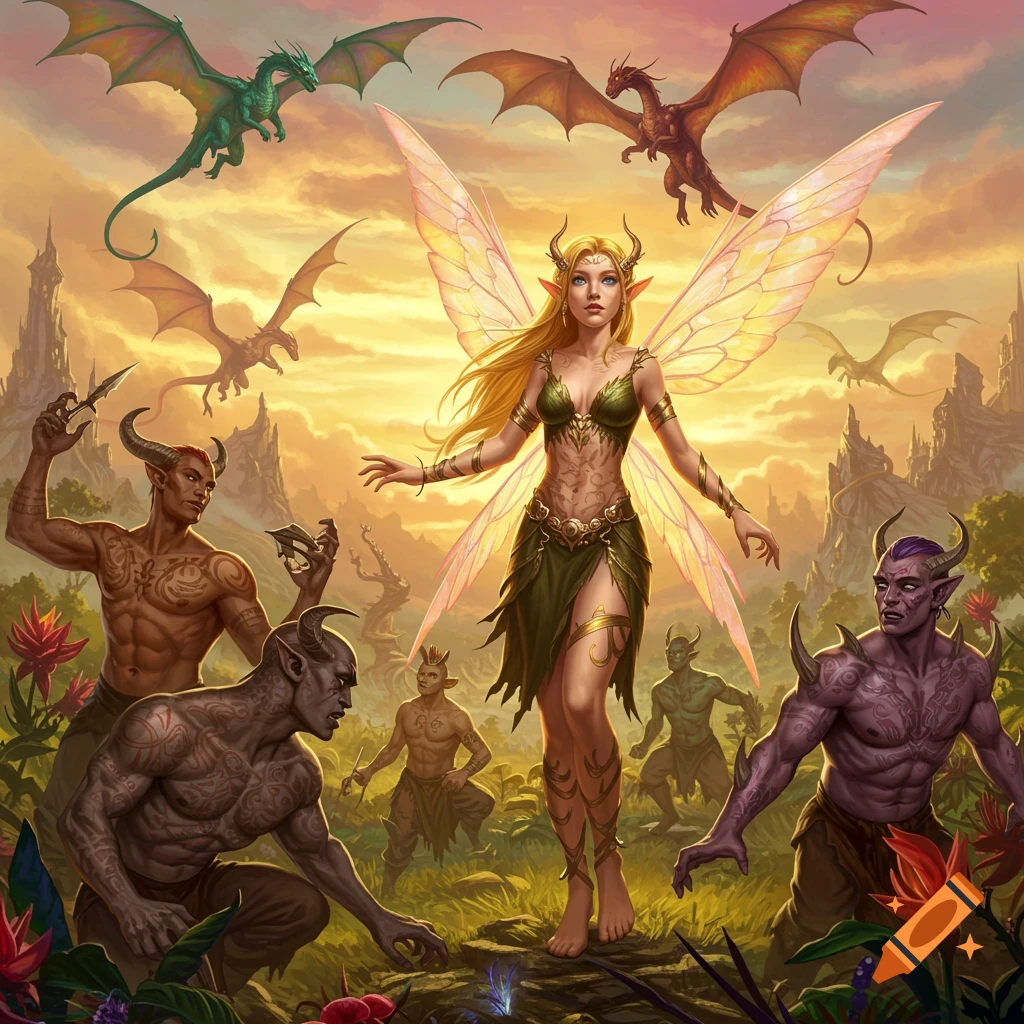A blonde fae woman with wings is surrounded by male fae and flying dragons in a fantasy landscape.