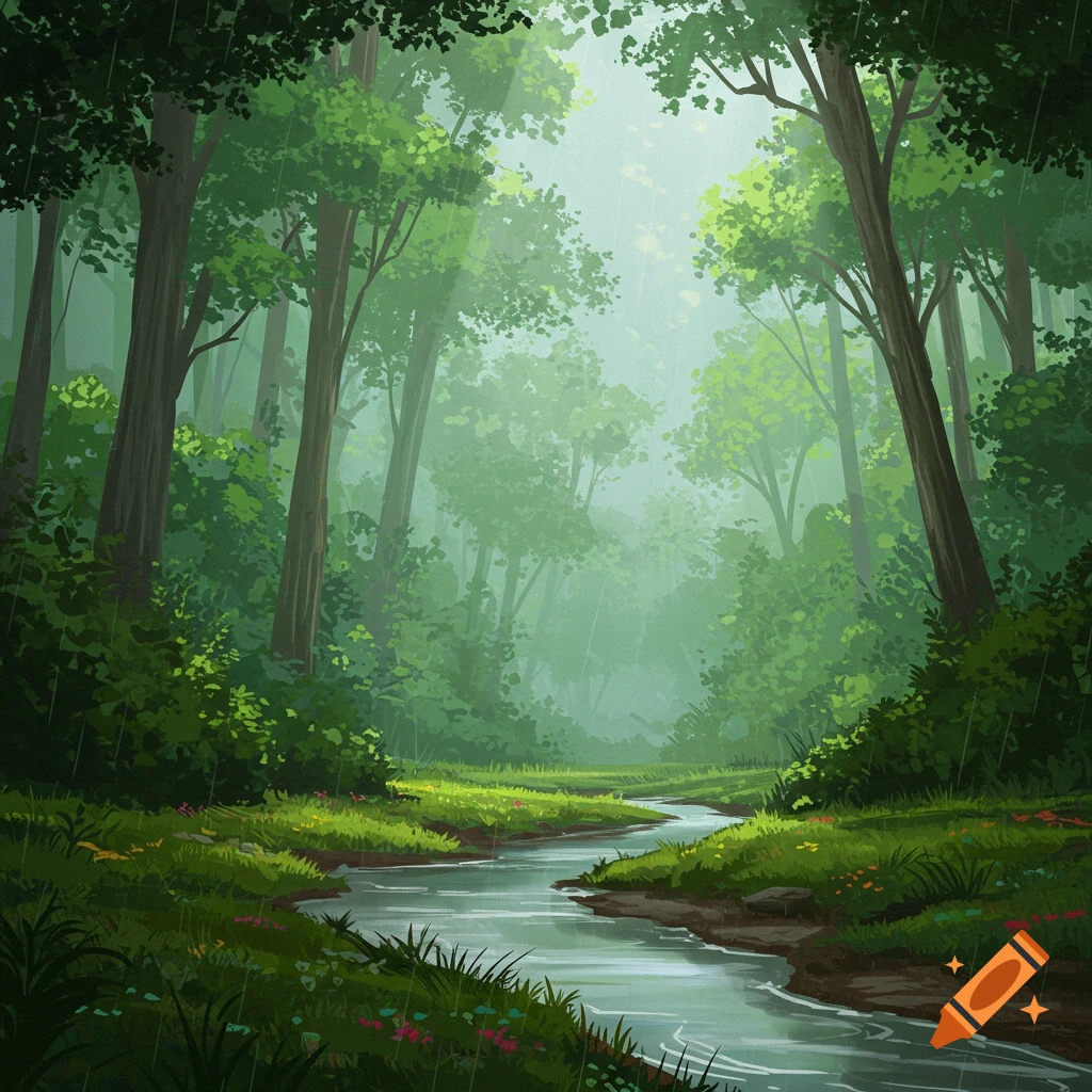 A forest with a river on a rainy day.
