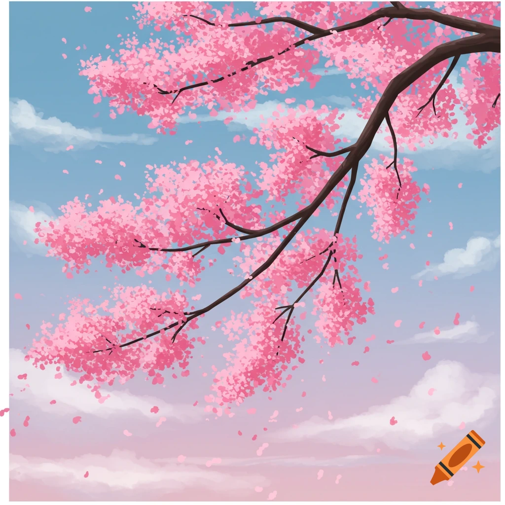 A cherry blossom tree branch with pink petals against a blue and pink sky.